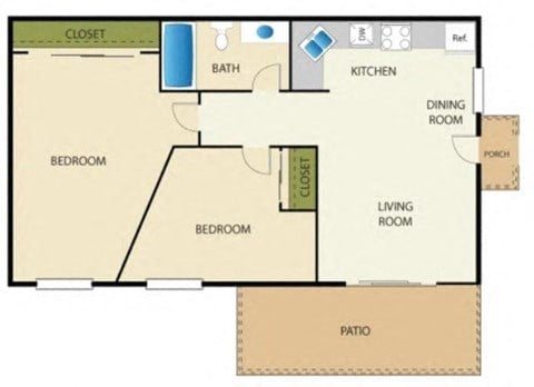 Floor plan for 2 beds, 1 bath, 641 sqft